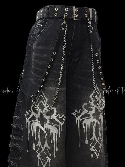 Weite Jeans mit Saum, dunkelgrau, Kreuzdruck, Distressed-Löcher