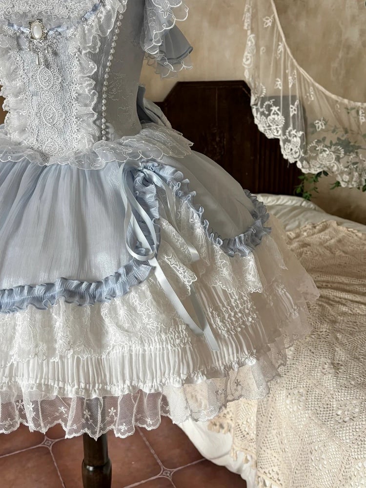 Blue White Layered Drawstring Princess JSK Bow Train Dress - Iris fleur