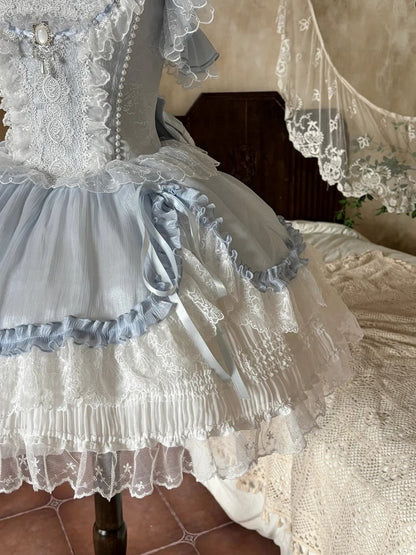 Blue White Layered Drawstring Princess JSK Bow Train Dress - Iris fleur