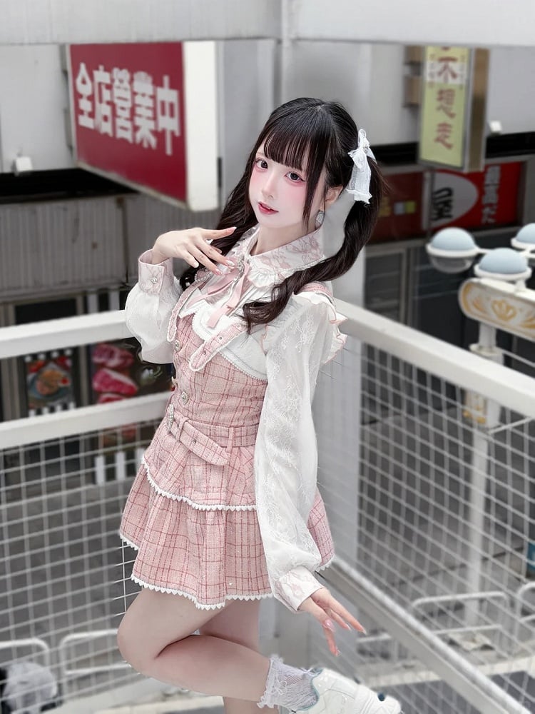 Jacquard with in Jirai Kei Flutter Sleeve Blouse Regular/Fleece-Lined Lace Version Pink White