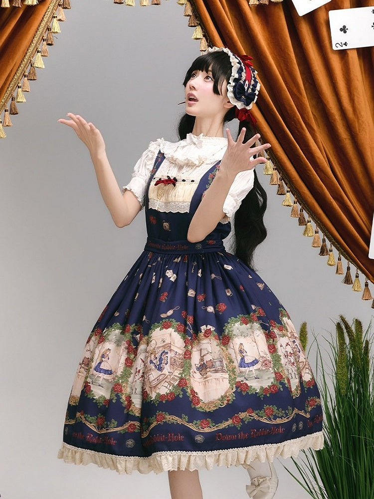 Wonderland Alice Floral Print Dark Blue Lolita JSK Lace - Stars Fall on the Foggy Island