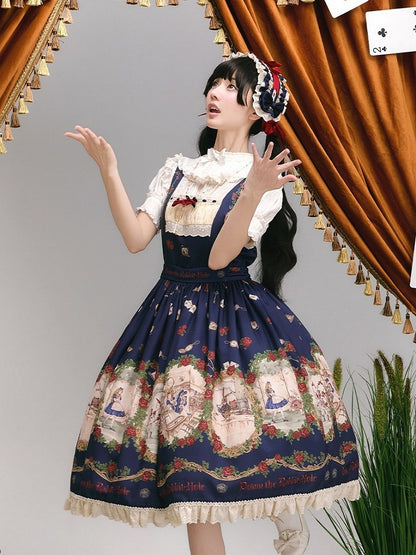Wonderland Alice Floral Print Dark Blue Lolita JSK Lace - Stars Fall on the Foggy Island