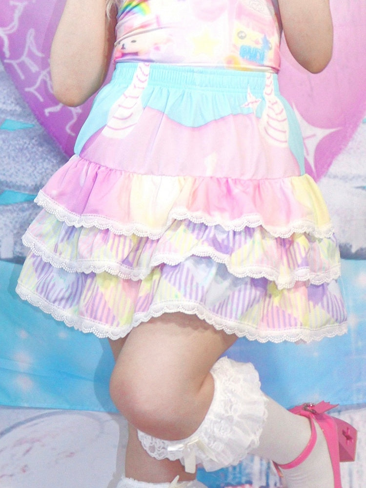 Weiß/Blau/Lila Rock mit Spitzenbesatz Y2K Streifenmuster Stufen A-Linie