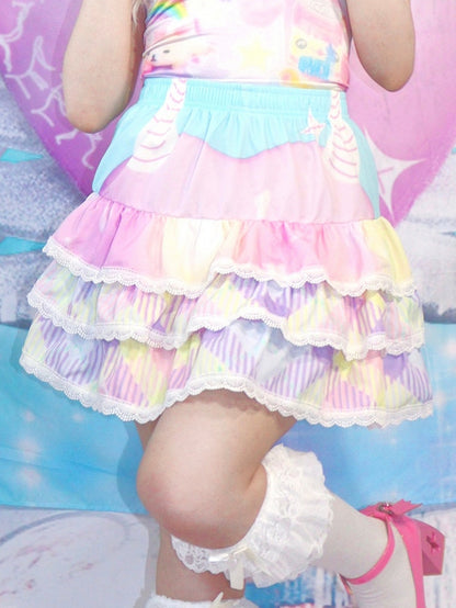 A-Linie Y2K Streifenmuster Weiß/Blau/Lila Stufenrock mit Spitzenbesatz