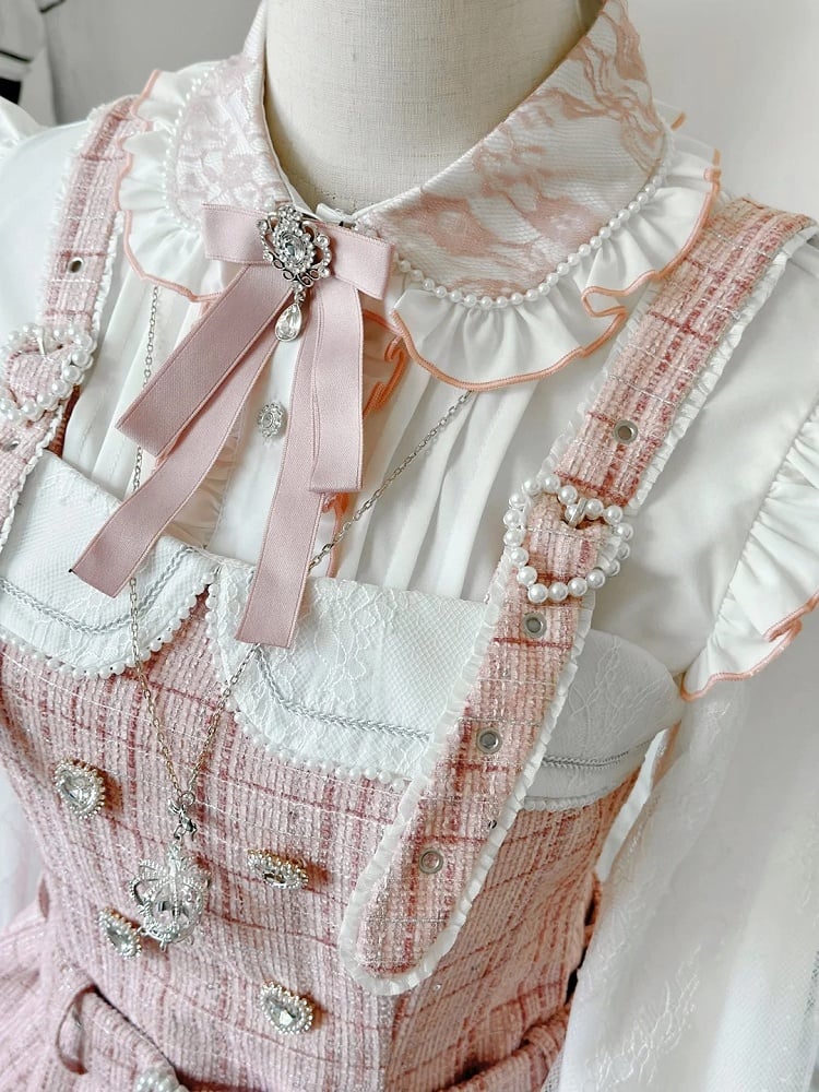 Jacquard with in Jirai Kei Flutter Sleeve Blouse Regular/Fleece-Lined Lace Version Pink White