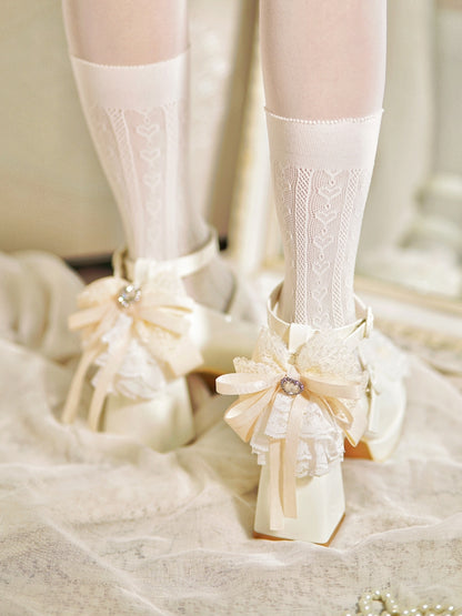 Buckles Trim Heart White Heels Bow at Lace High Top Knotted Block