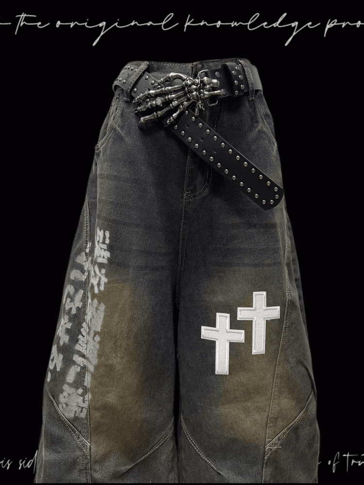 Dunkelblaue Jeans mit weitem Bein, verblasste Waschung, Kreuzapplikationen, Distressed