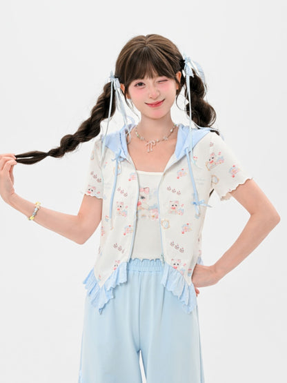 裾ホワイトスクープネックライン キャットプリント レタスキャミトップ