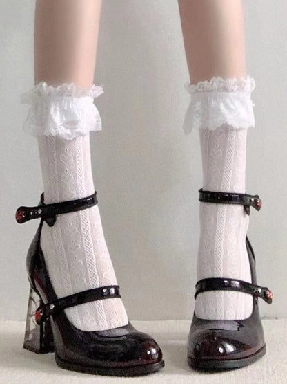 Rhinestone Black Transparent Accents High Heel Mary Block Rose-themed Rose Gothic Janes with Decor