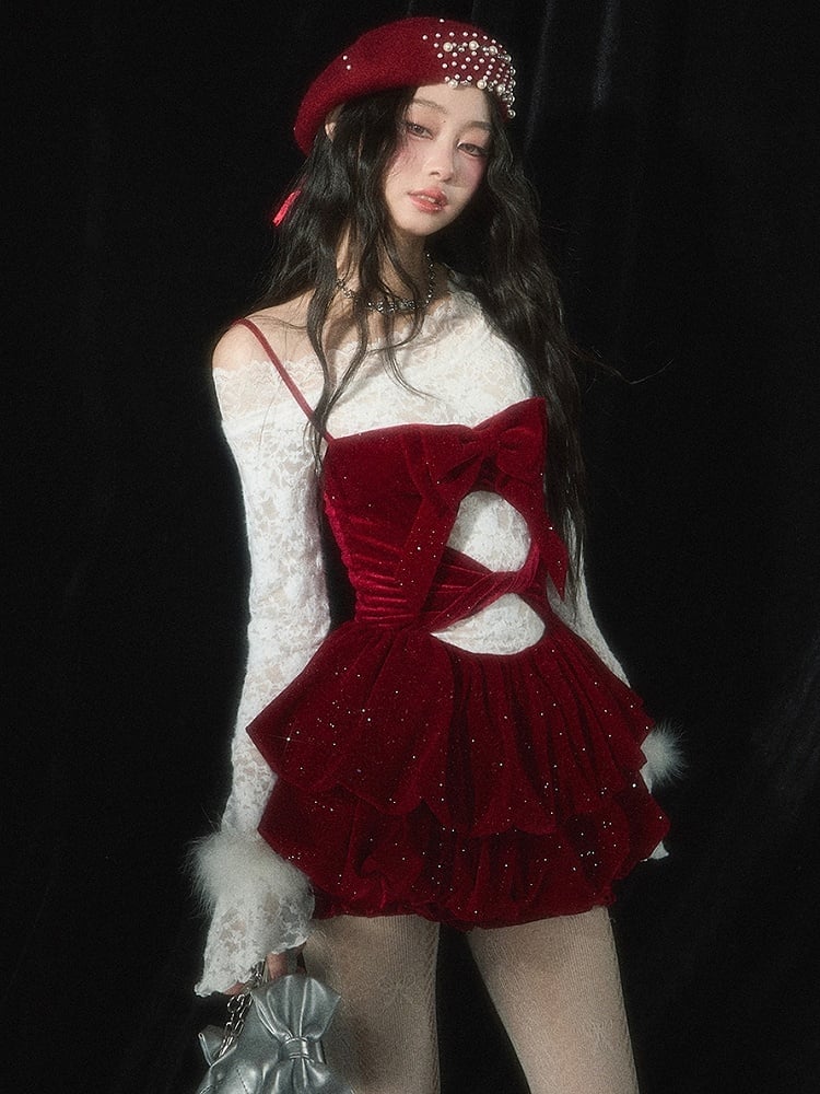 Christmas Red Cutout Detail Tiered Bubble Skirt Dress with Free Undies