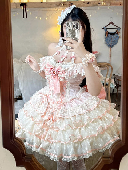 Rosa Kleid Rüschen Korsett Fee Prinzessin Spitze Kei Neckholder Stufenhals Taille Rock