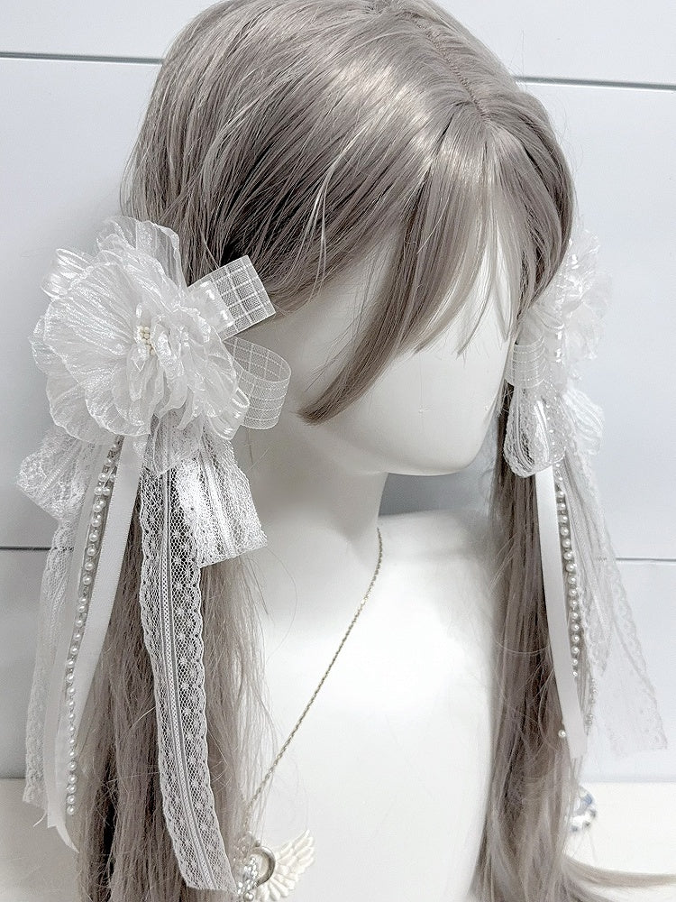 Bowknot with Charm White/Black Design Floral Beaded Hairclip/Brooch