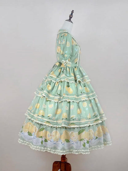 Button Lemon Print Short Skirt Placket Lolita Sleeves Tiered and Front Dress Green Chick