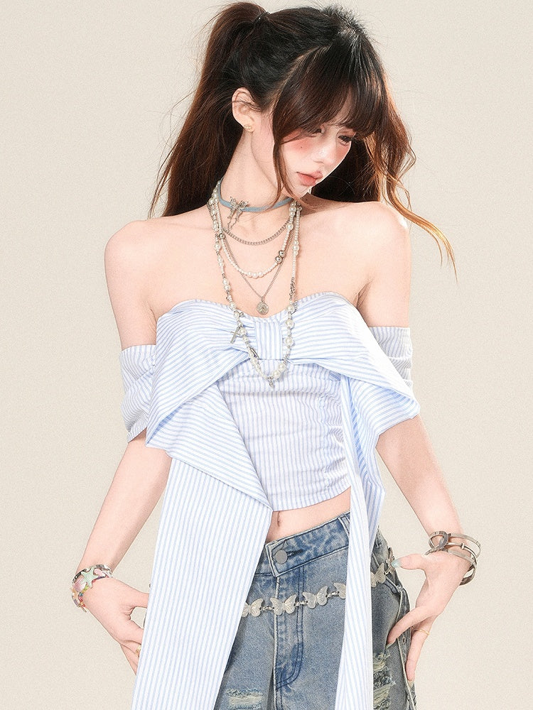 Striped Neckline Glamorous Top Blue Big Bow Cropped