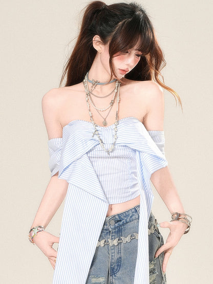 Striped Neckline Glamorous Top Blue Big Bow Cropped