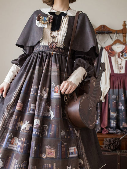 Dark Brown Bookshelf Print Long Sleeve Lolita Dress Cape - Miss Point
