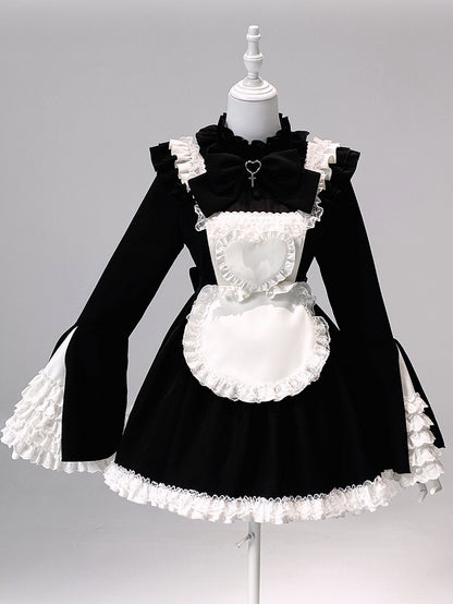 Black & White Jirai Kei Maid Outfit - Bell Sleeve Dress with Apron & Shorts