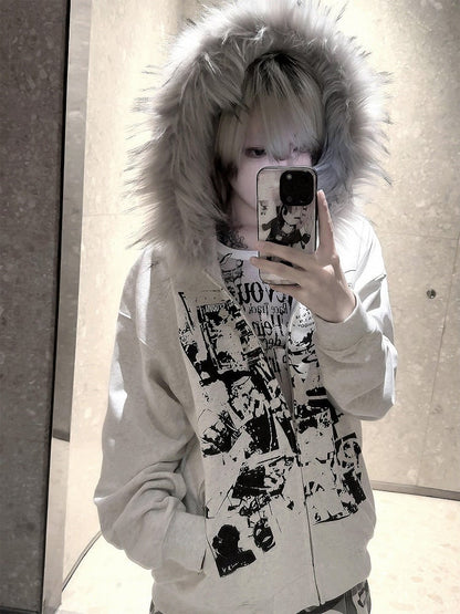 Jacket Faux Gray Trim - Hood Print Zip-up Y2K Hooded Decoration Fur Light