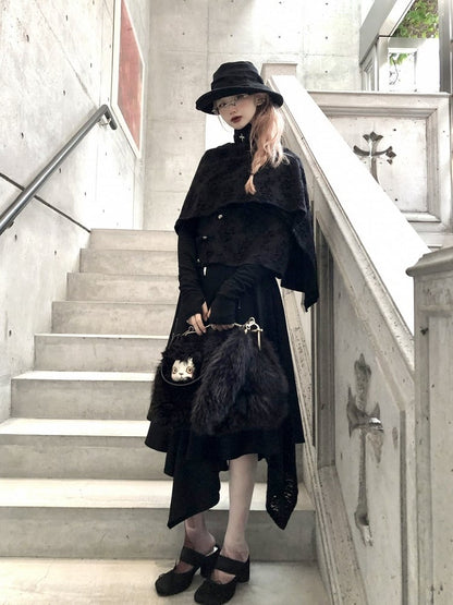 Asymmetrical Lace Button-Up Gothic Top Detachable Flocked Cape with