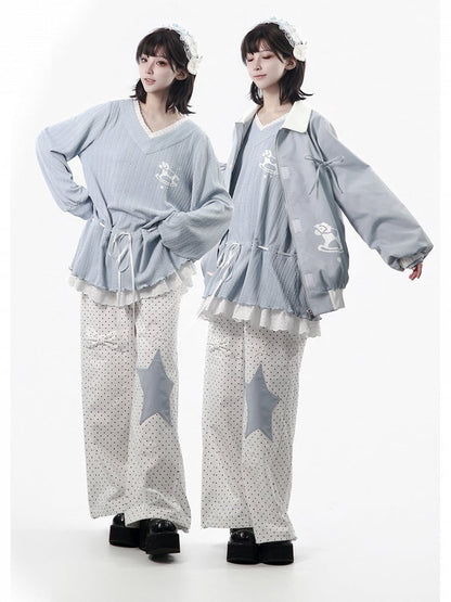 White Straight-Leg Trousers Featuring Light Blue Star Appliqué & Polka Dot Print - PINK SAVIOR