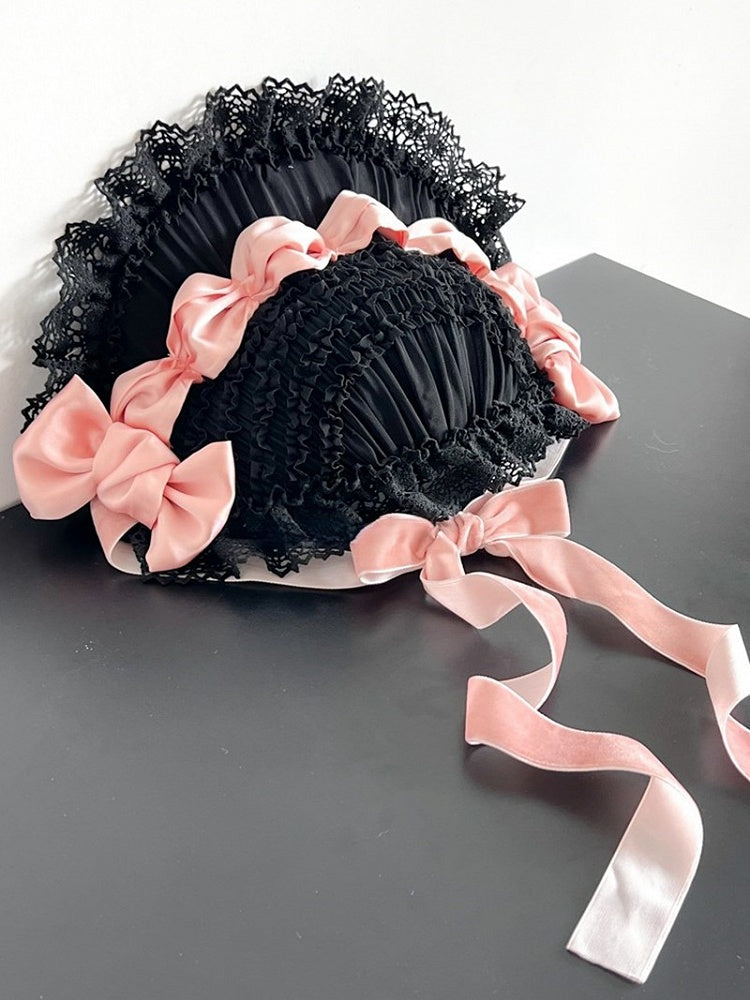 Satin and Lace with Bonnet Gothic Bows Lolita Trim Black