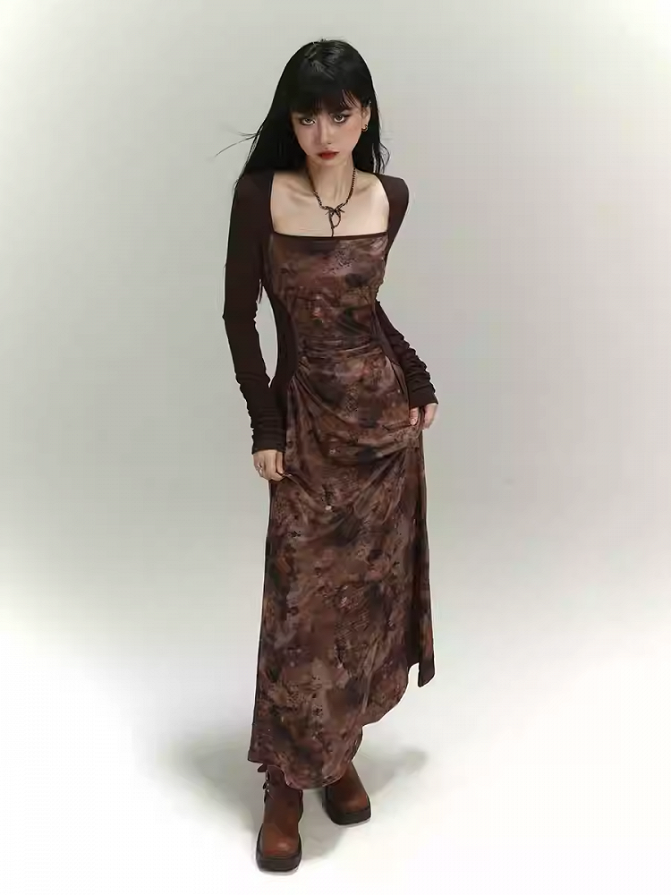 Millard Fashion Brown Square Neck Gathering Details Slim-fitting Dress