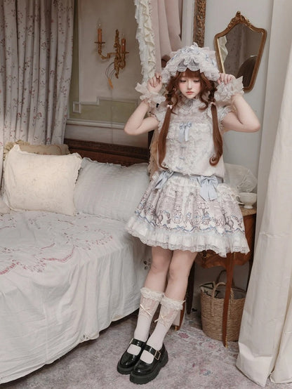 White & Blue Low Waist Antique Print Lolita Dress with Bows - Meng Fu Zi