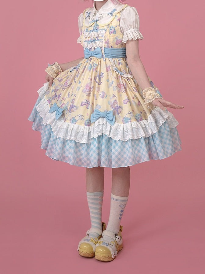 Adorable Lolita JSK Gown in Yellow and Blue with Lace Trim Detail - Vcastle