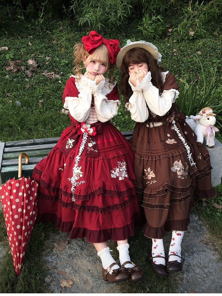 Wine Red Apple Embroidered OP Dress Set with Peter Pan Collar, Long Sleeves, Ruffle Trim, Belt, Brooch & Bow Hairclip - With PUJI
