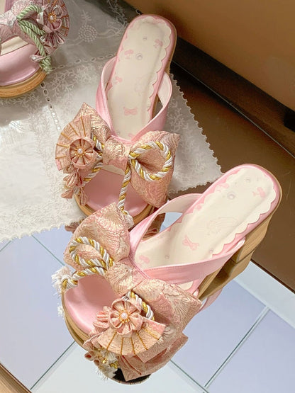 Pink Wa Lolita Platform Clogs with Big Bow and Floral Details - Aimee