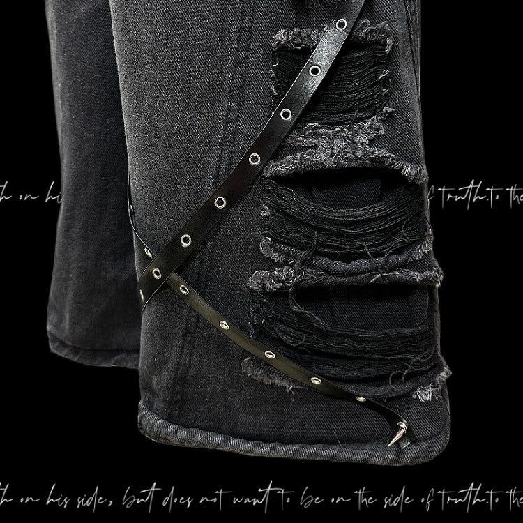 Y2K Cut Jeans Wide-leg Rock Punk Dark Gray Cross Applique Distressed Holes