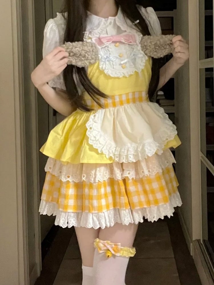 Dress Overall Sweet Apron Gingham Detail Lolita with Ear Puppy Yellow Design and