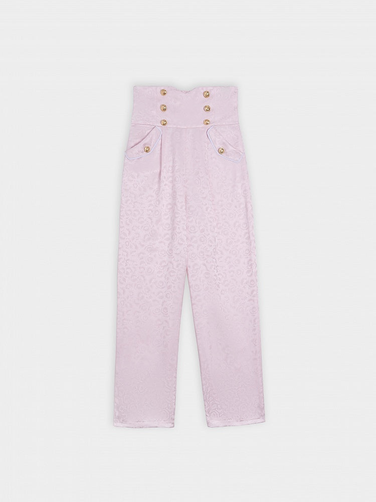 Cherry Blossom Print High-Rise Trousers in Sakura Pink - DevilInspired Exclusive Collection