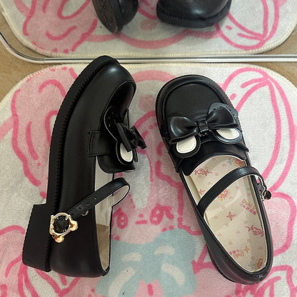 Clasp Matte in and Removable Style Bow Ear with Low Black PU Preppy Heels Bear
