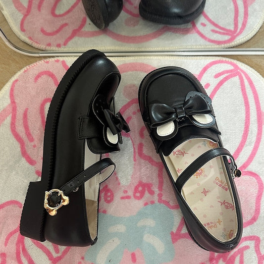Clasp Matte in and Removable Style Bow Ear with Low Black PU Preppy Heels Bear