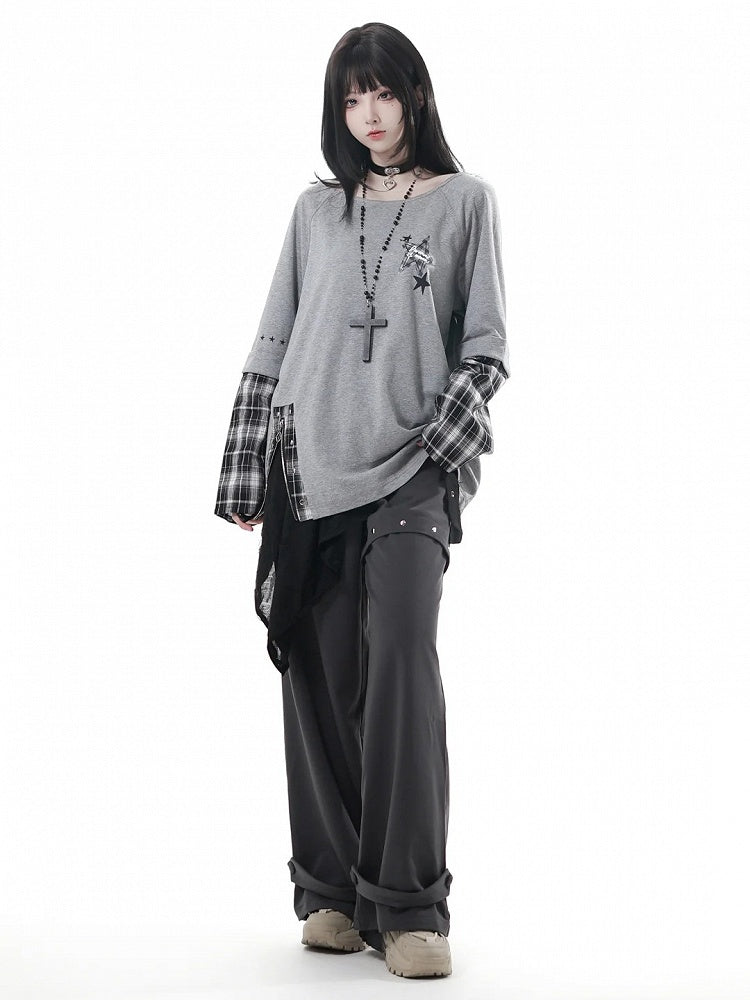 Detachable Grey Unisex Zipper Taste Studded Plaid Slit Aesthetic: with Oversized Sleeves Top