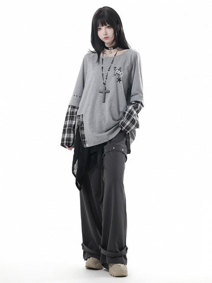 Detachable Grey Unisex Zipper Taste Studded Plaid Slit Aesthetic: with Oversized Sleeves Top