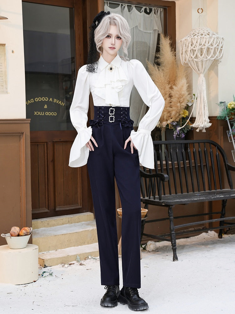 White Pleated Shirt with Foldover Collar, Ruffle Cuffs, and Jabot Tie - DevilInspired Exclusive Collection