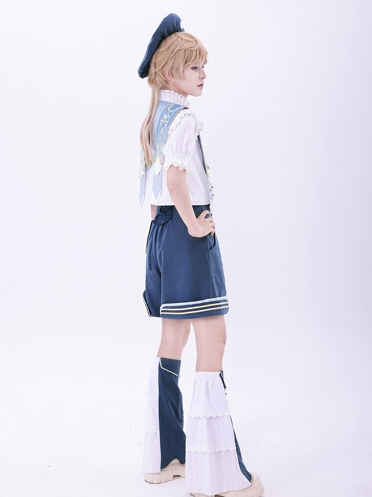 Detachable Lolita Ruffled Blue Shorts Ouji Shirt Set Warmers + Collar Dark Leg