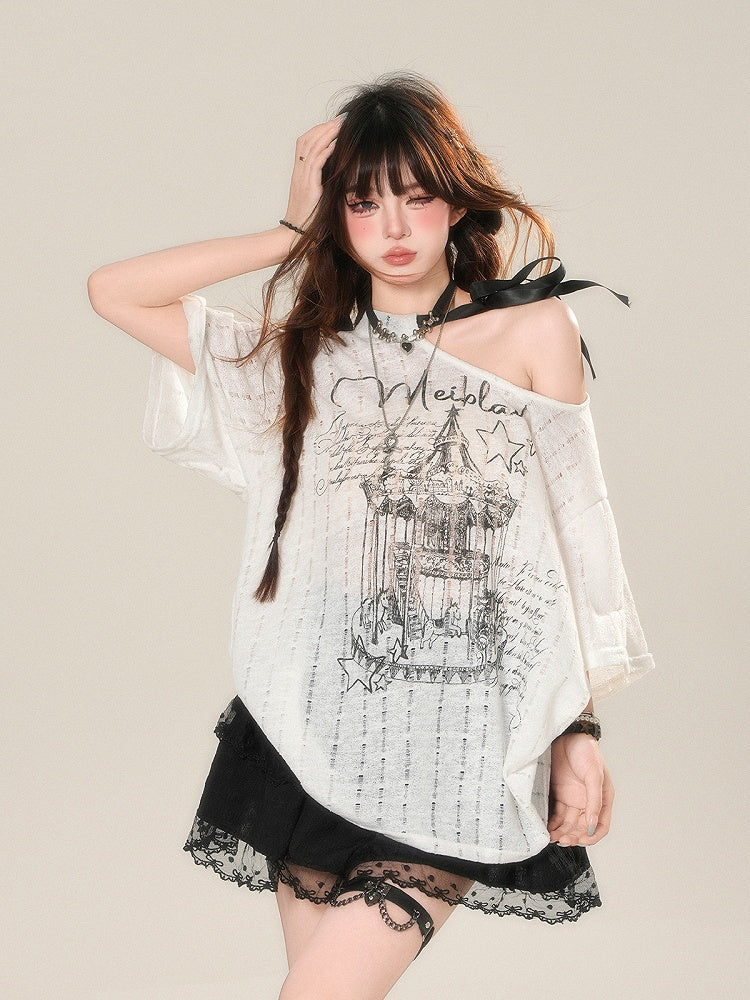 mit bedrucktem T-Shirt, halbtransparent, asymmetrischer Ausschnitt, sonnenweiß, selbstbindender Schutzgurt