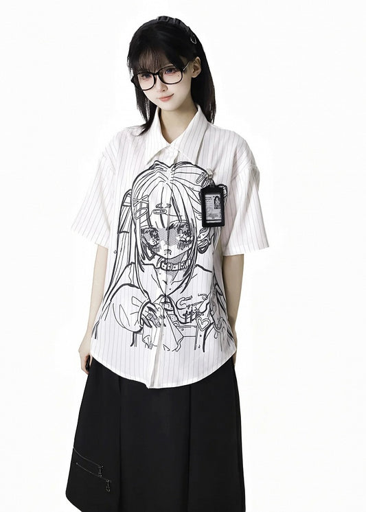 Short Sleeves Shirt Anime Girl Print White Stripes Tie Bow