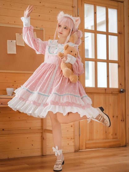 Polka Pink with Dress Ruffle Long Dot Sweet Sleeve Lolita OP Details