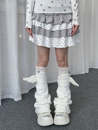 Light Gray Layered Ruffle Skirt with Star Pattern - Solkatt