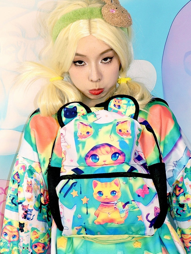 Backpack Green Cat Print Ears Y2K Bear