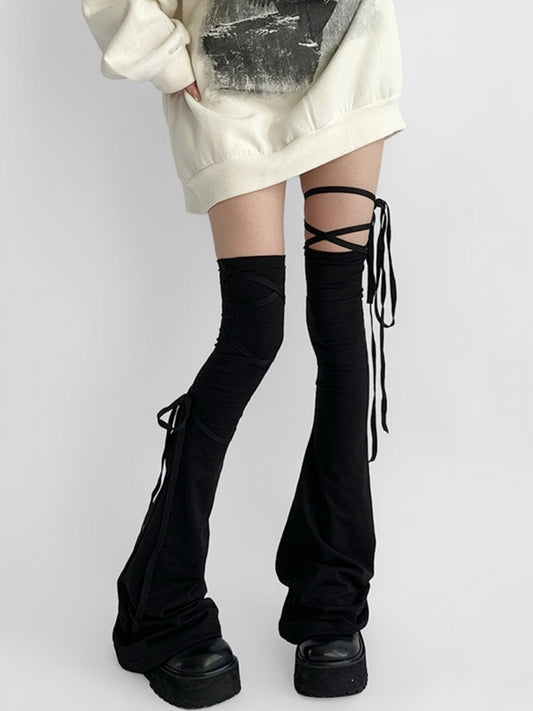 Flared Black Strap Design Warmers Leg