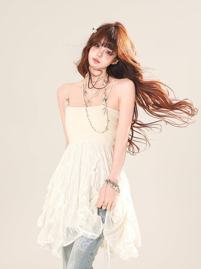 カスケードフリルアクセントレースキャミソールトップ ブルー/アプリコット