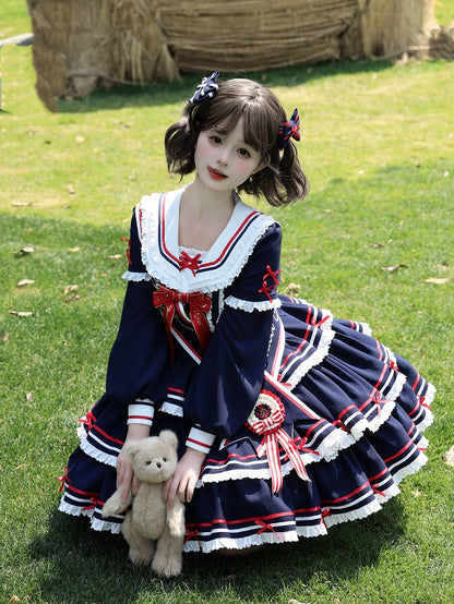 Lolita-Kleid, kurz, abnehmbar, Marineblau, mit Ärmeln, blau, Sommer-Matrosenkragen