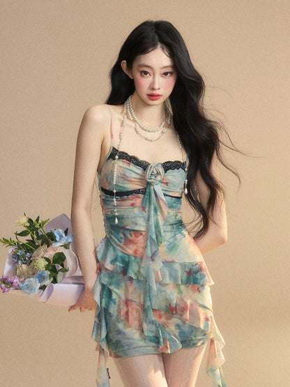 Contrast Floral Cami Dress Blue Asymmetrical Ruffled Hem Trim Lace Black