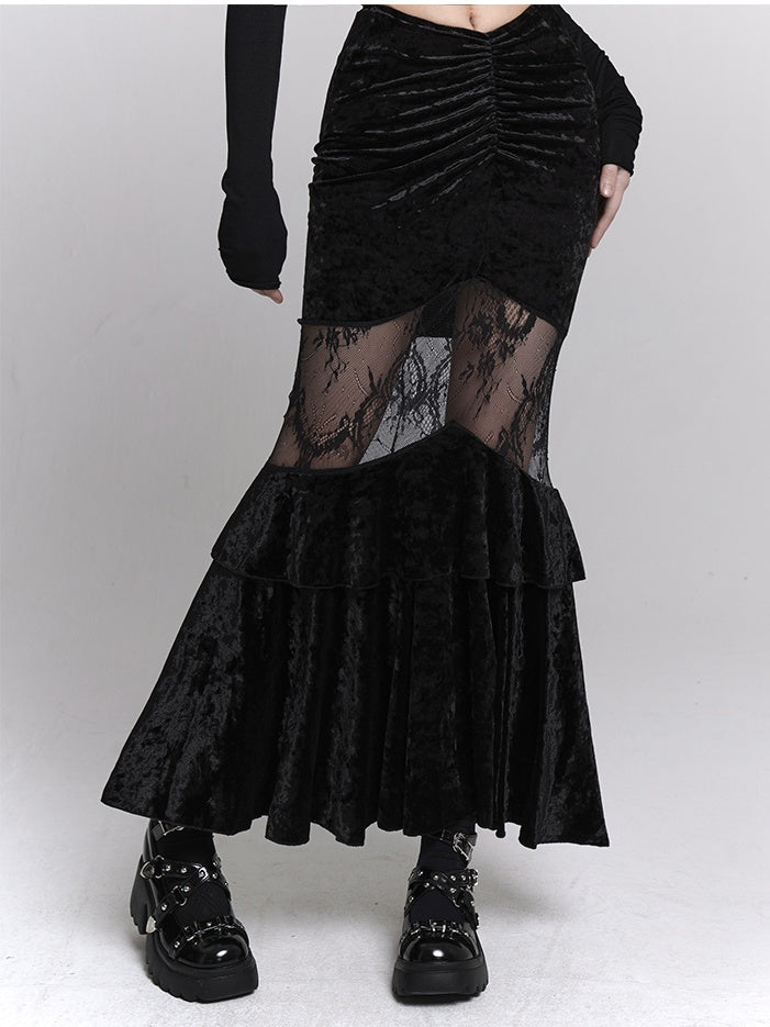 Gothic Black Velvet Contrast Lace Patches Ruched Design Mermaid Skirt