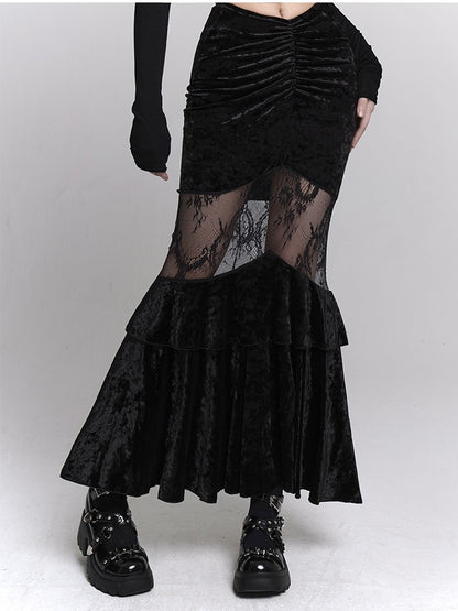 Gothic Black Velvet Contrast Lace Patches Ruched Design Mermaid Skirt